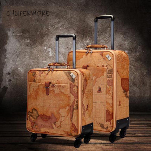 Retro Map PU Leather Rolling Luggage Spinner Men Business Suitcase Wheels 16 inch Women Cabin Password Travel Bags Trelloy