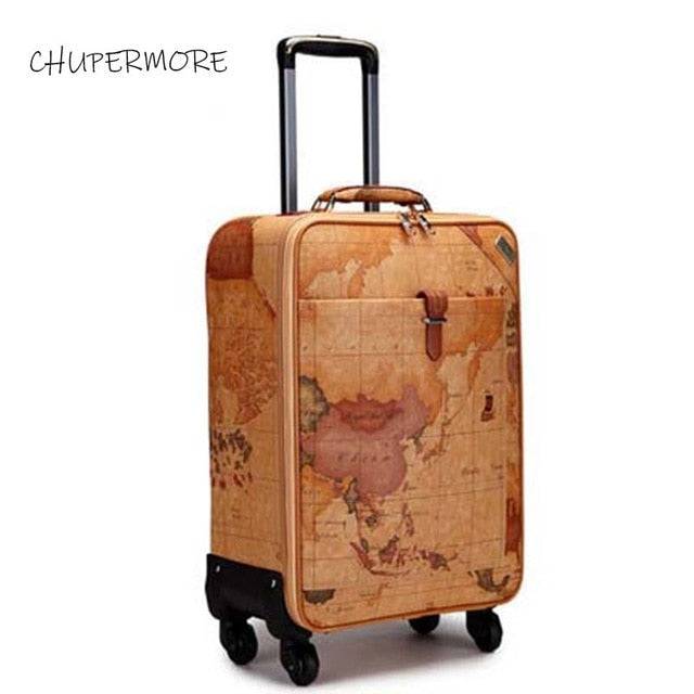 Retro Map PU Leather Rolling Luggage Spinner Men Business Suitcase Wheels 16 inch Women Cabin Password Travel Bags Trelloy
